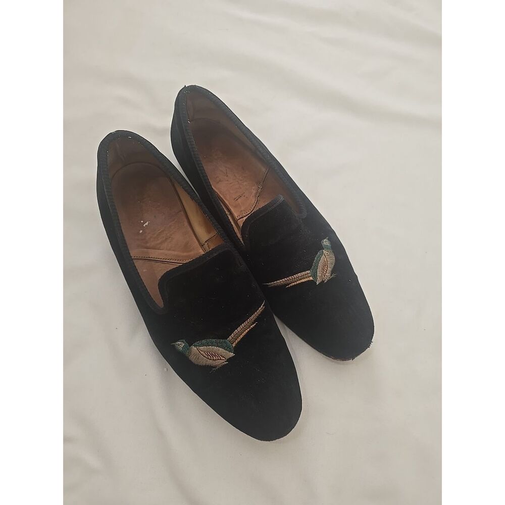Stubbs & Wootton Black Velvet PHEASANT? Bird Fowl Loafers Women's Shoe 10.5
